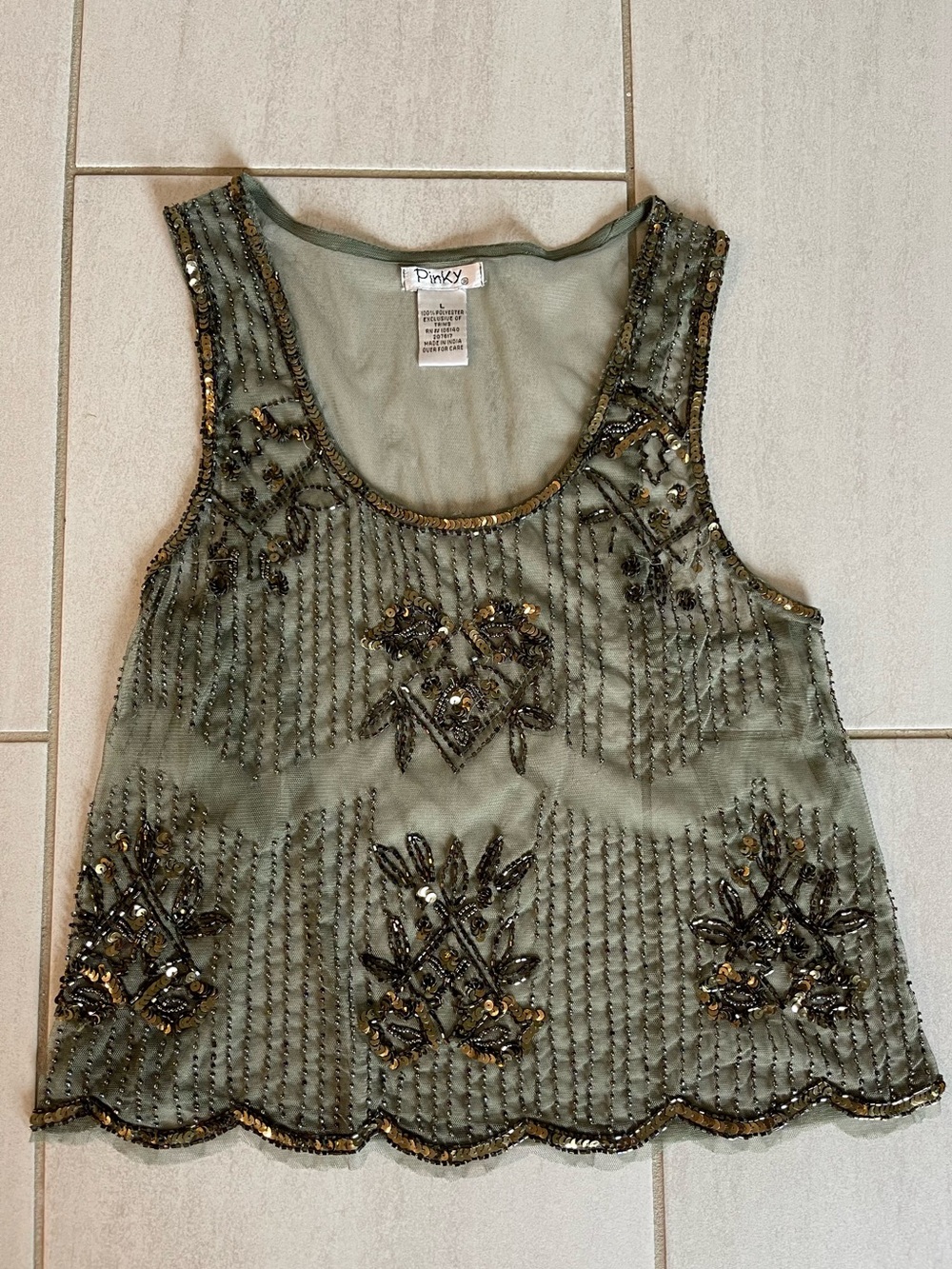 Buckle Olive Beaded Mesh Camisole with Gold Accents